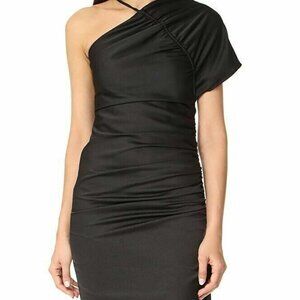 Keepsake Chandelier Black Ruched Asymmetrical Poly Satin Sheath Dress Size M